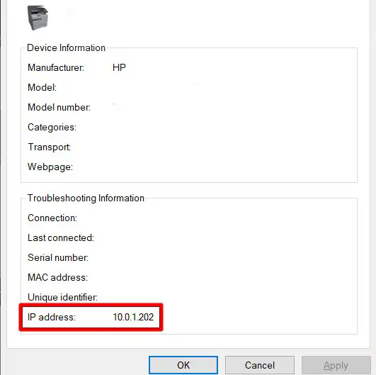 What does an IP address look like in a printer