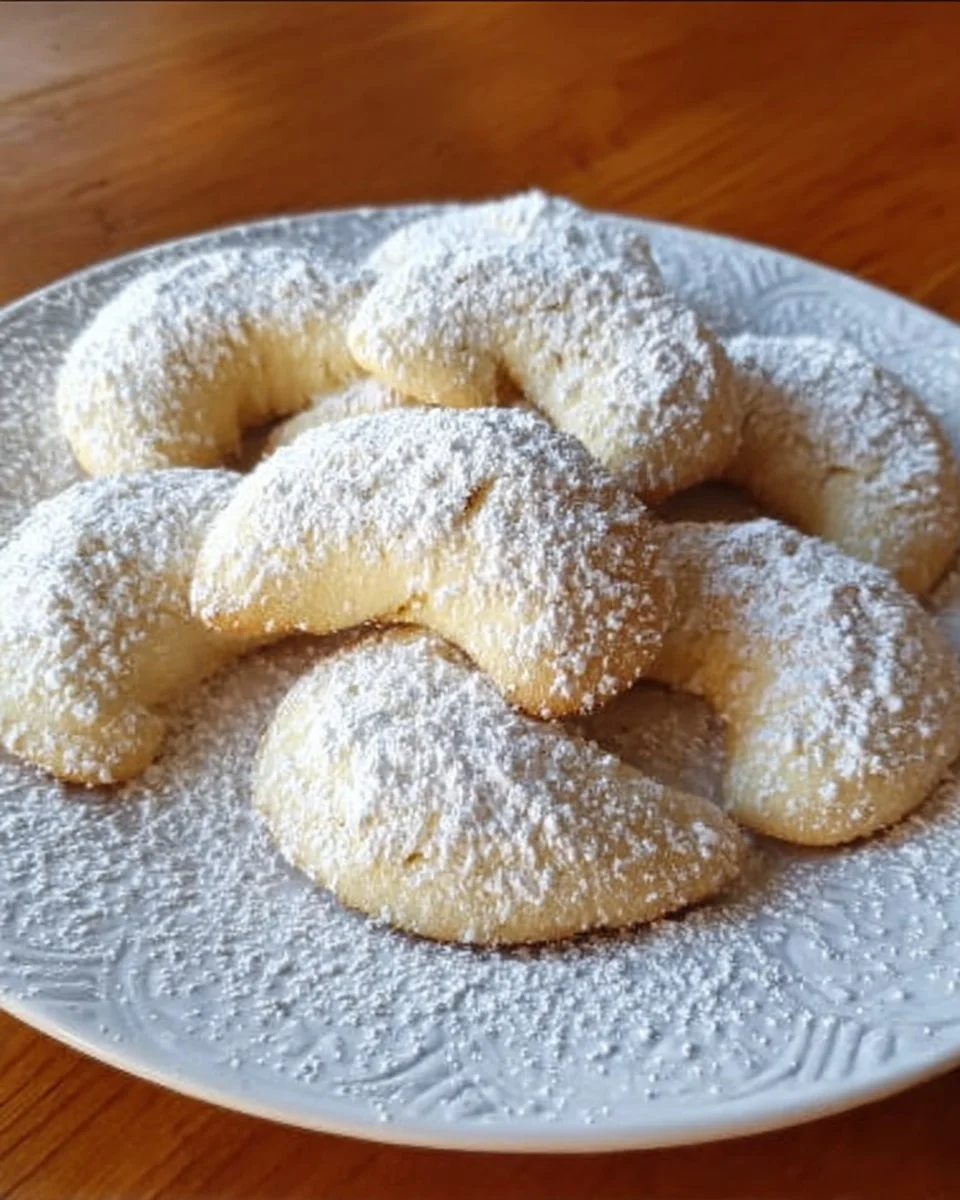 Freshly baked Almond Crescent Cookies dusted with powdered sugar