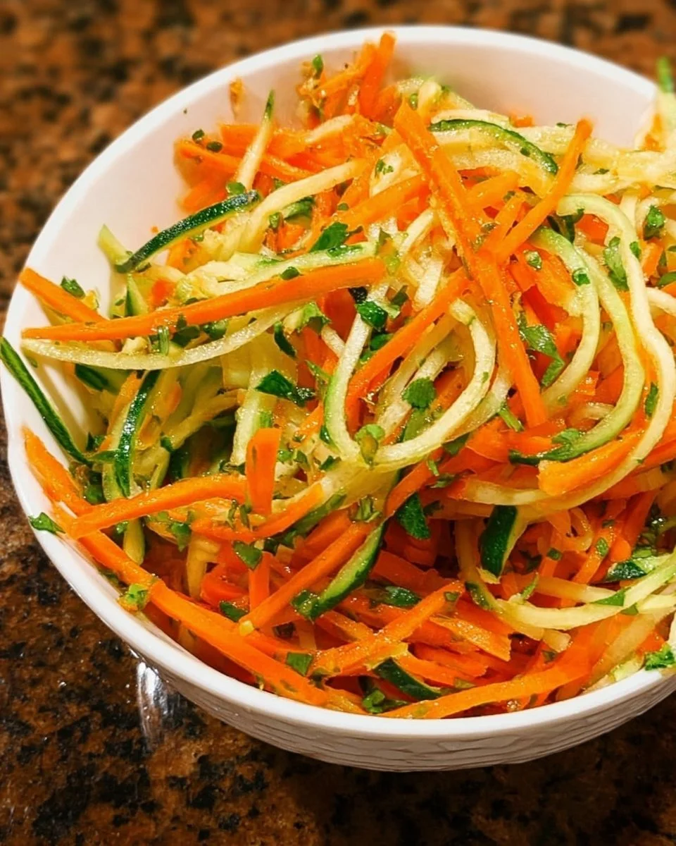 Asian cucumber carrot slaw in a bowl with fresh vegetables