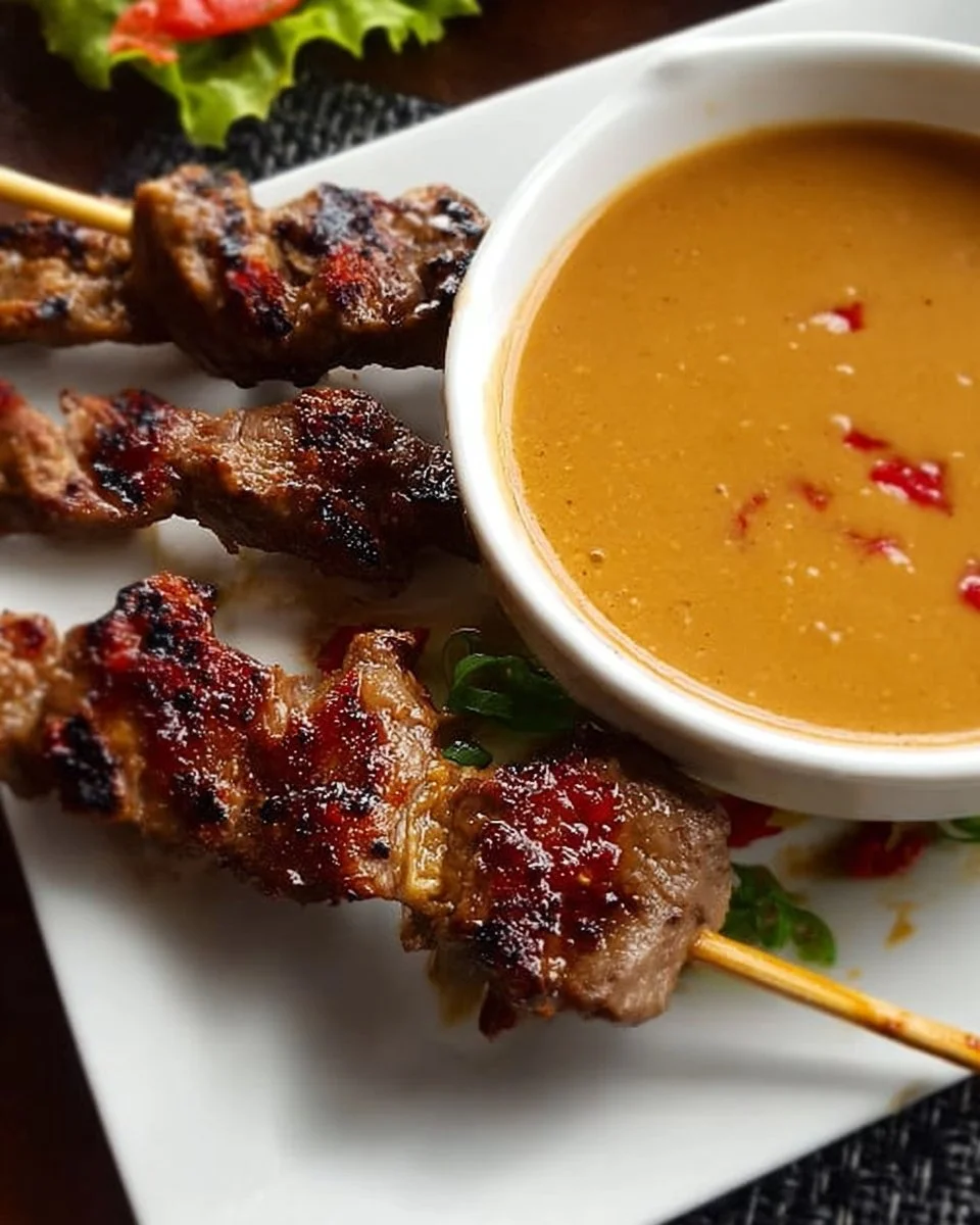 Beef satay skewers served with peanut dipping sauce on a plate