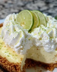 Slice of homemade Key Lime Pie with whipped cream and lime garnish.