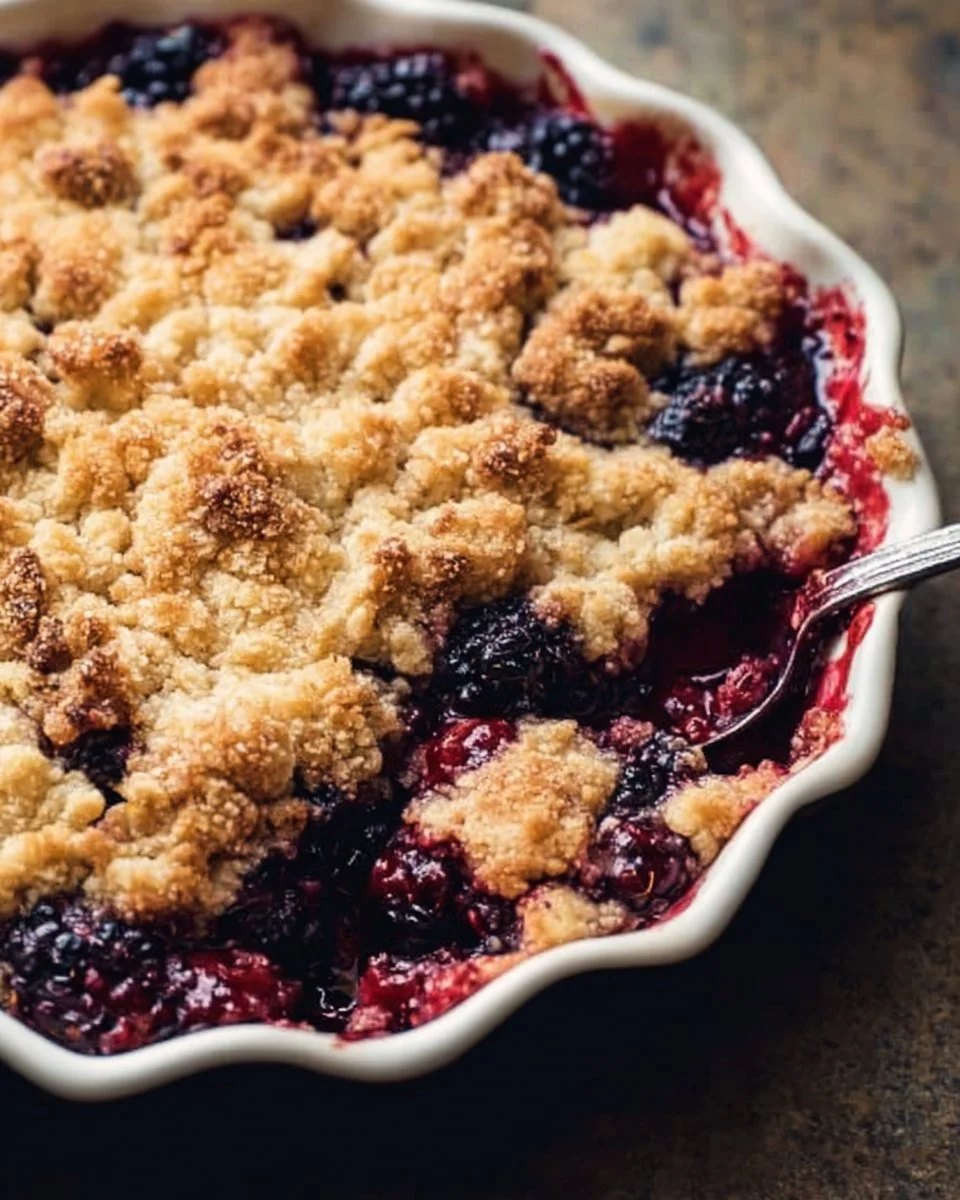 Delicious homemade Blackberry Crumble with a golden brown topping
