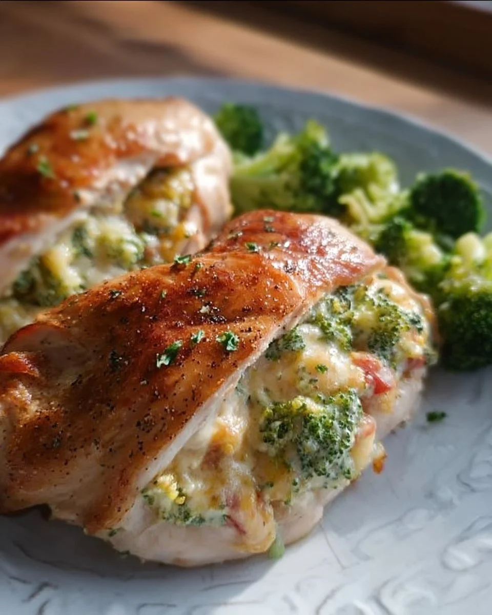 Delicious broccoli cheese stuffed chicken breast ready to be served.