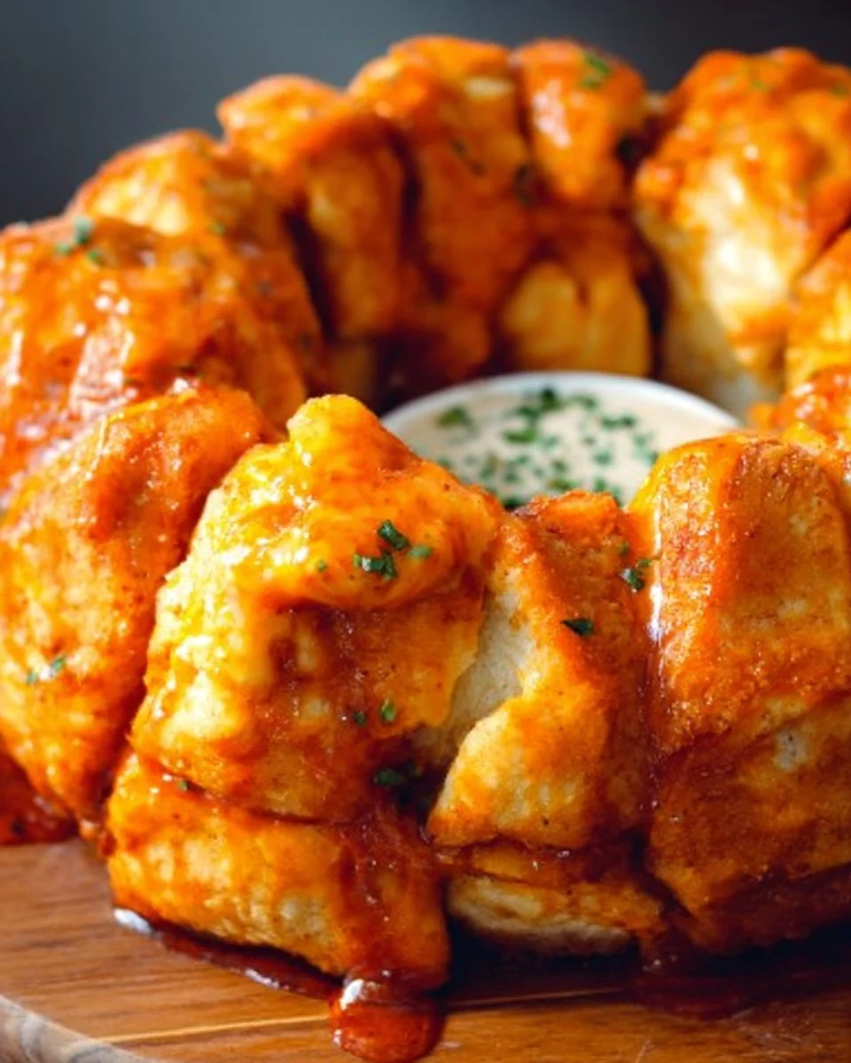 Buffalo Chicken Monkey Bread baked with spicy buffalo sauce and melted cheese.