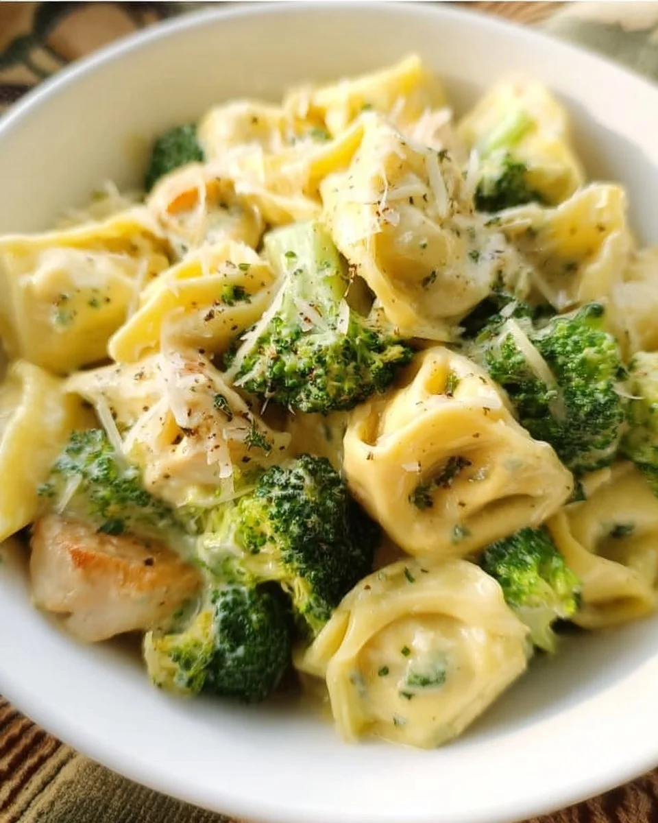 Delicious Chicken Broccoli Tortellini with chicken and broccoli in creamy sauce.