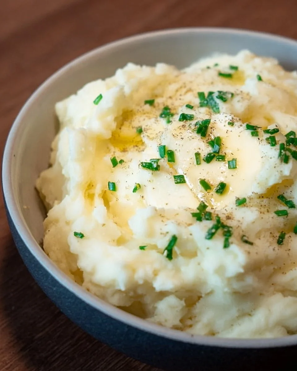 Bowl of creamy classic mashed potatoes ready to serve.