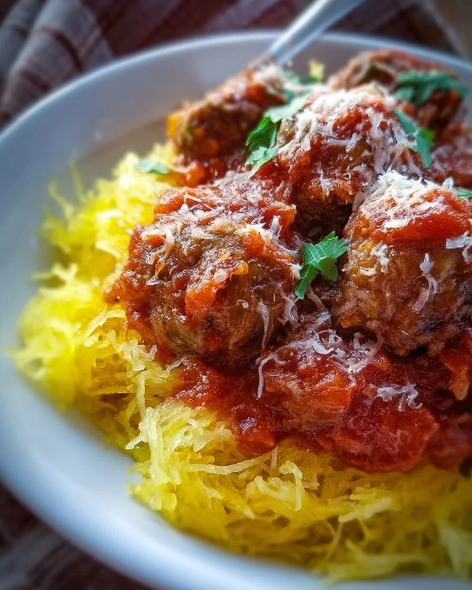 Crock Pot spaghetti squash served with beef meatballs in a hearty dish