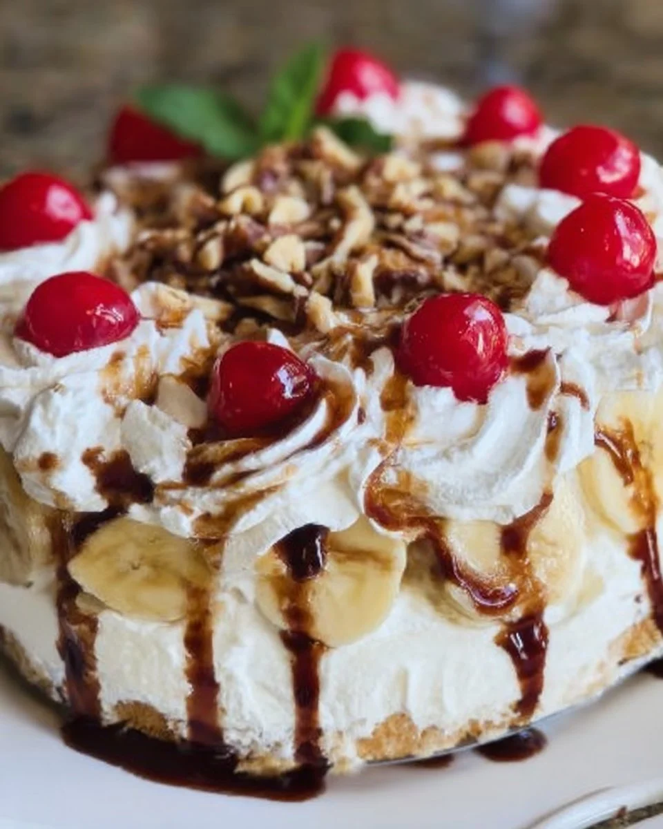 Delicious Easy Banana Split Cake topped with bananas, whipped cream, and cherries.
