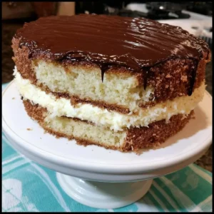 Sliced Easy Copycat Ding Dong Cake showcasing rich chocolate layers and filling