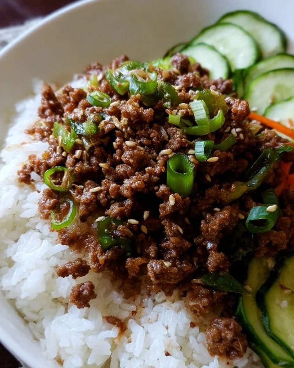 Easy Korean ground beef dish served with rice and vegetables