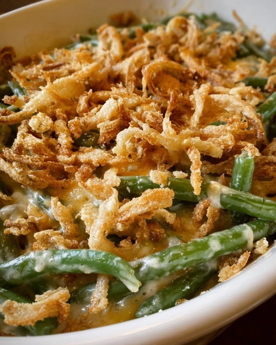 Delicious green bean casserole topped with crispy fried onions