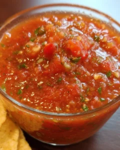 A bowl of fresh homemade salsa with tomatoes, cilantro, and lime.