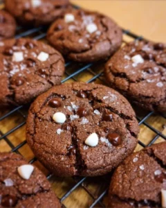 Delicious hot chocolate cookies stacked on a plate with melted chocolate chips