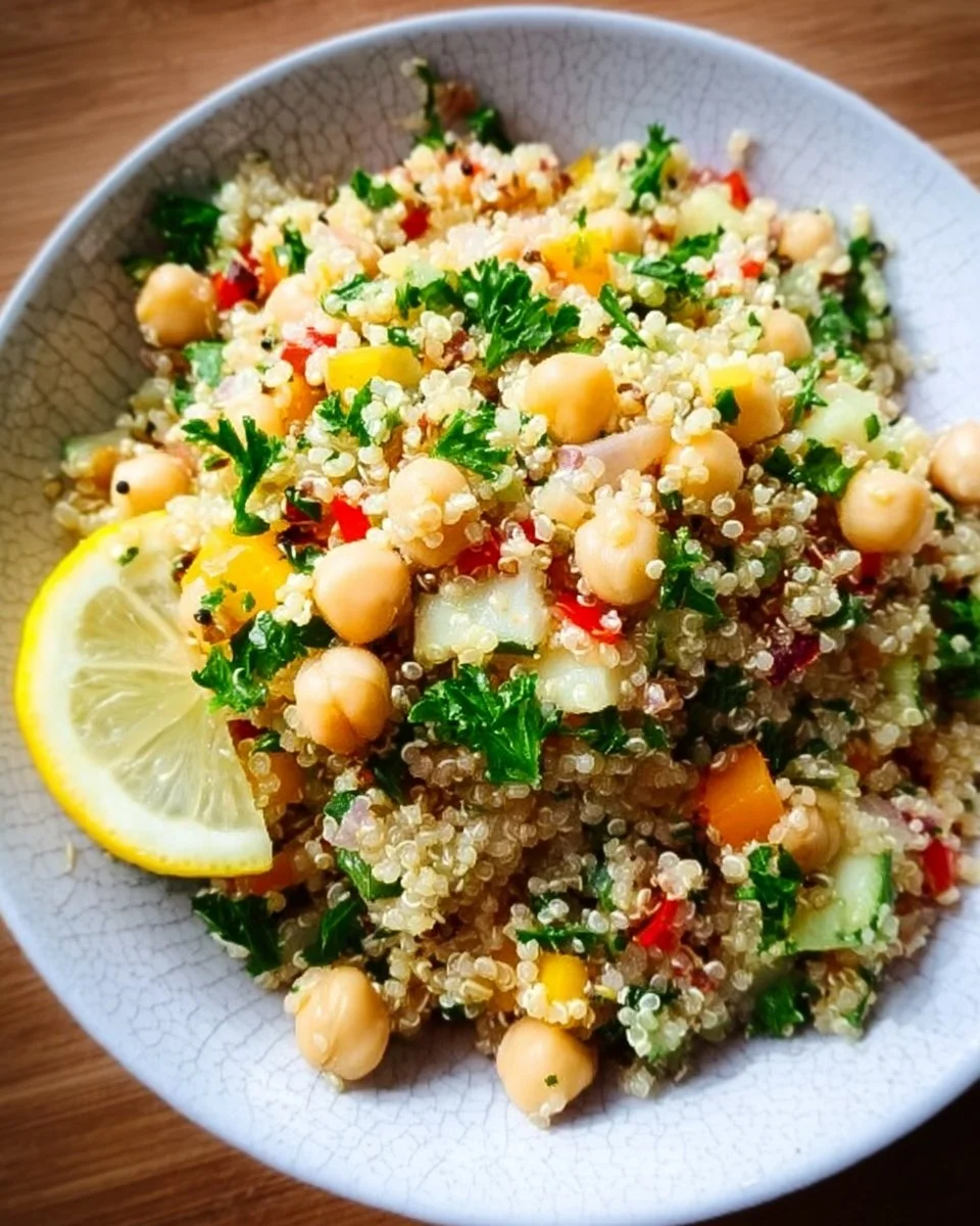 Lemon quinoa and chickpea salad in a bowl, garnished with fresh herbs.