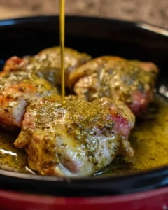 Delicious Pesto Ranch Chicken Thighs cooked in a crock pot.