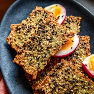 A plate of homemade seed crackers, healthy and nutritious snacks.