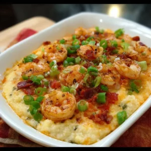 Delicious Shrimp and Grits Casserole topped with cheese and herbs