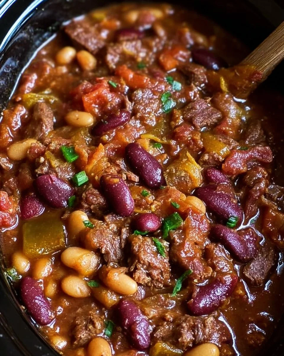 Slow Cooker Steakhouse Cowboy Baked Beans served in a rustic dish