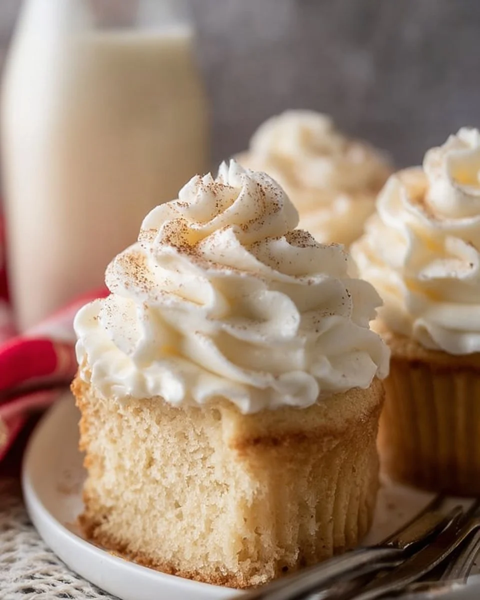 Three Milks Cupcakes topped with creamy frosting and a drizzle of milk.