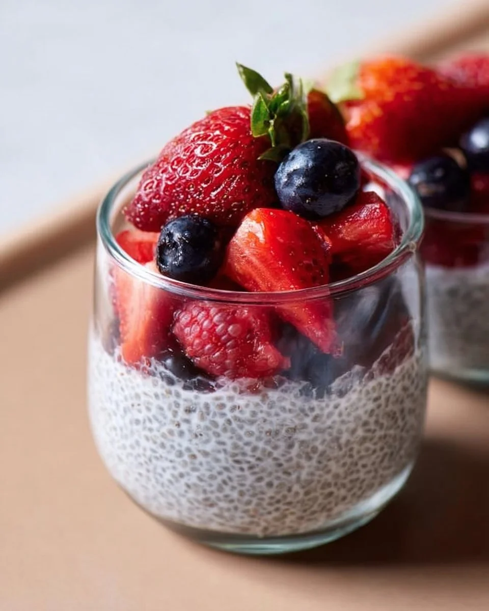 Delicious 3-ingredient chia pudding in a glass topped with fresh fruits