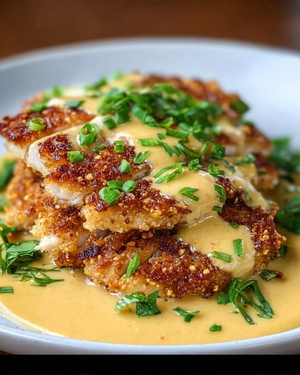 Crispy Pretzel Chicken with Creamy Cheddar Sauce