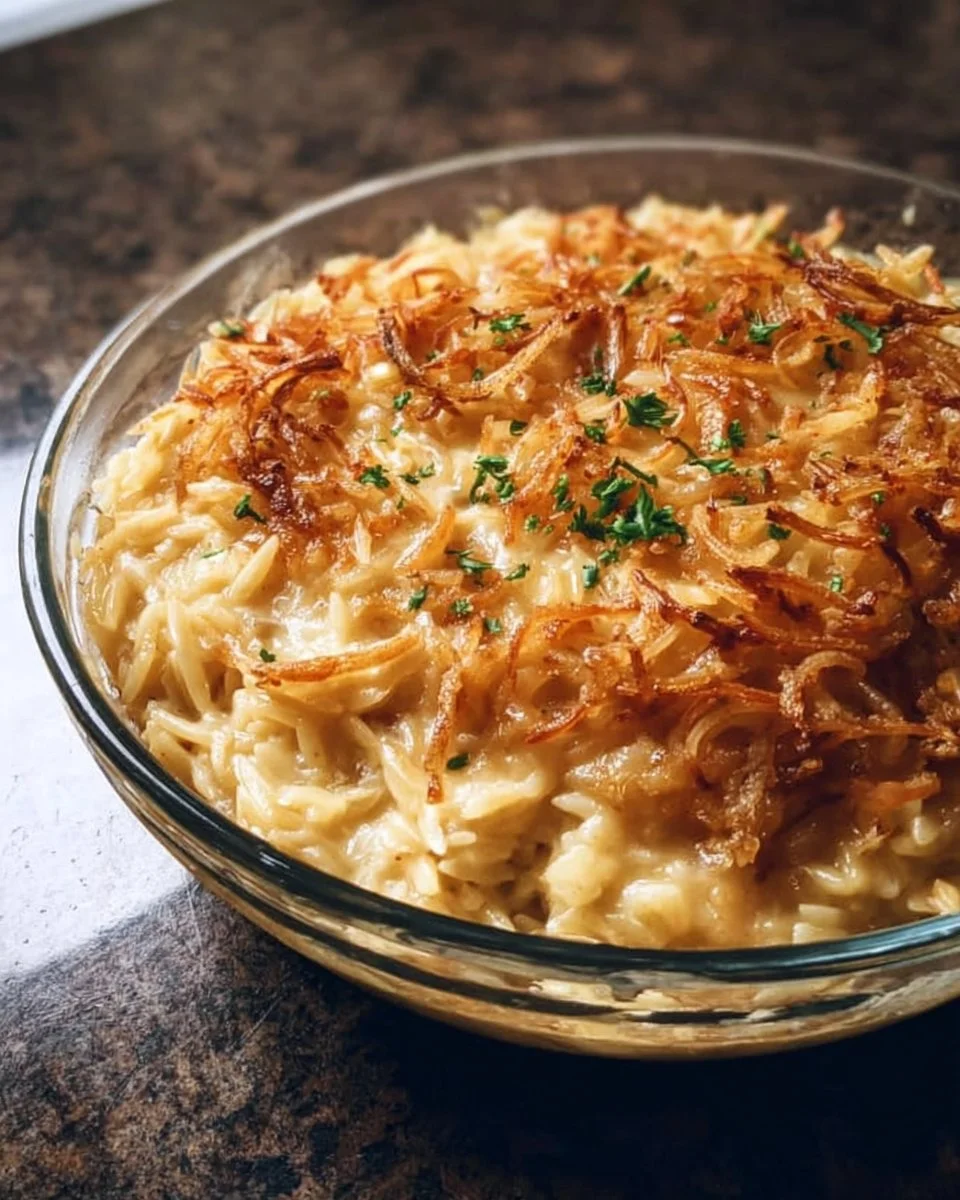 French Onion Chicken Orzo Casserole