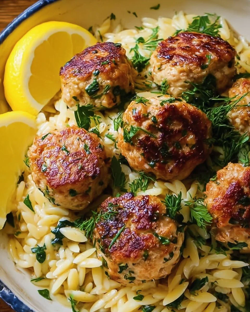 Greek Chicken Meatballs with Lemon Orzo
