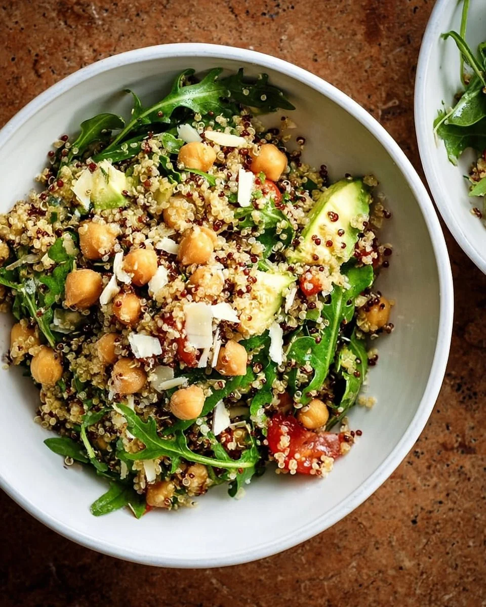 High Protein Chickpea Arugula Quinoa Salad
