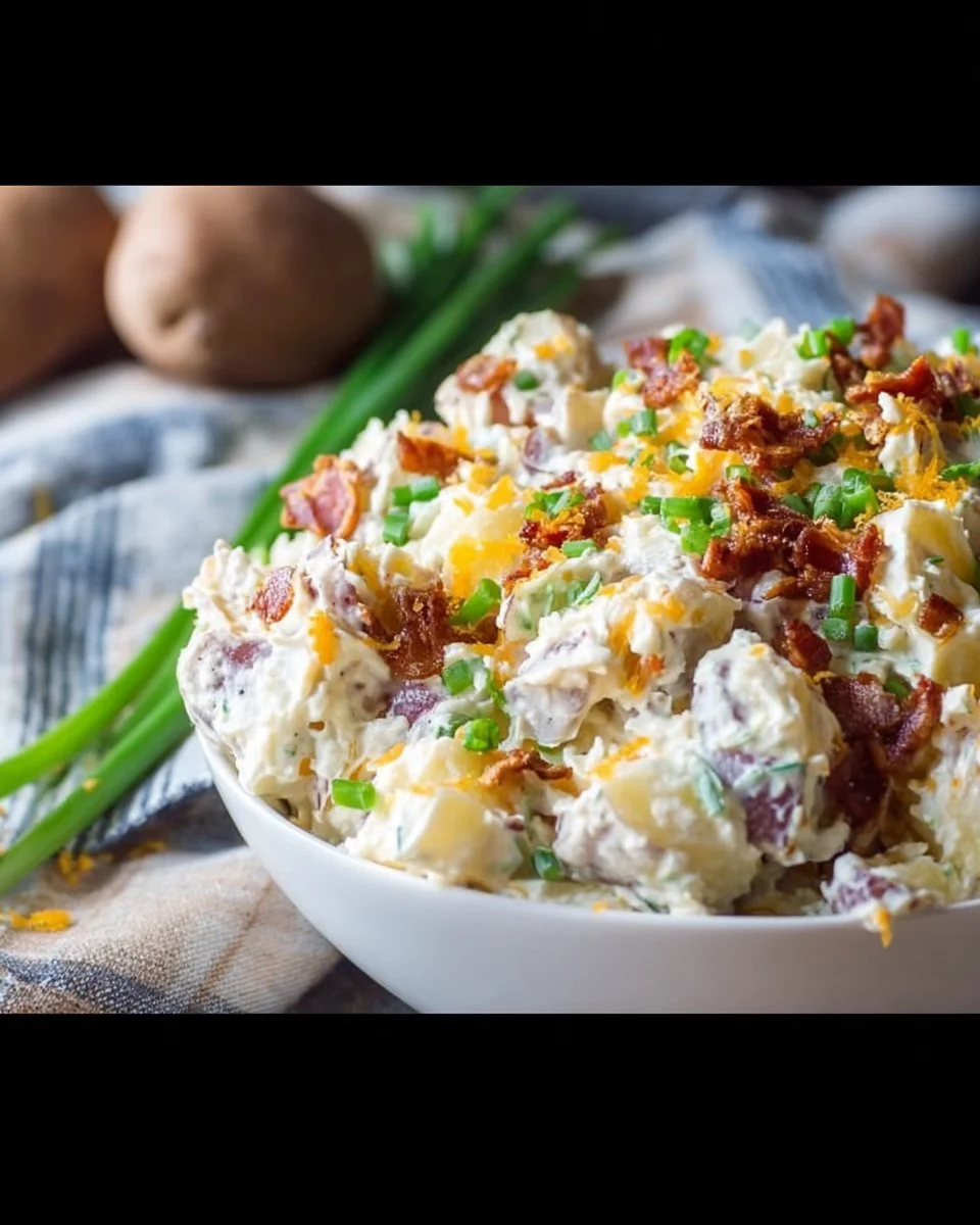 Delicious loaded baked potato salad topped with cheese and bacon
