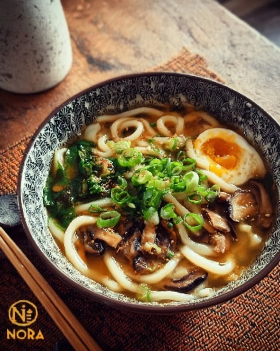 Miso Udon Noodle Soup with Garlic Mushrooms