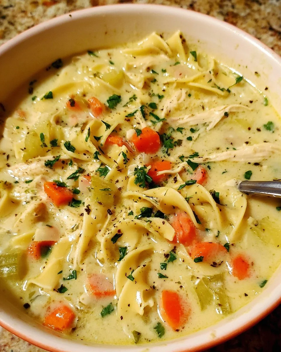 Delicious one pot creamy chicken noodle soup in a bowl with vegetables and noodles
