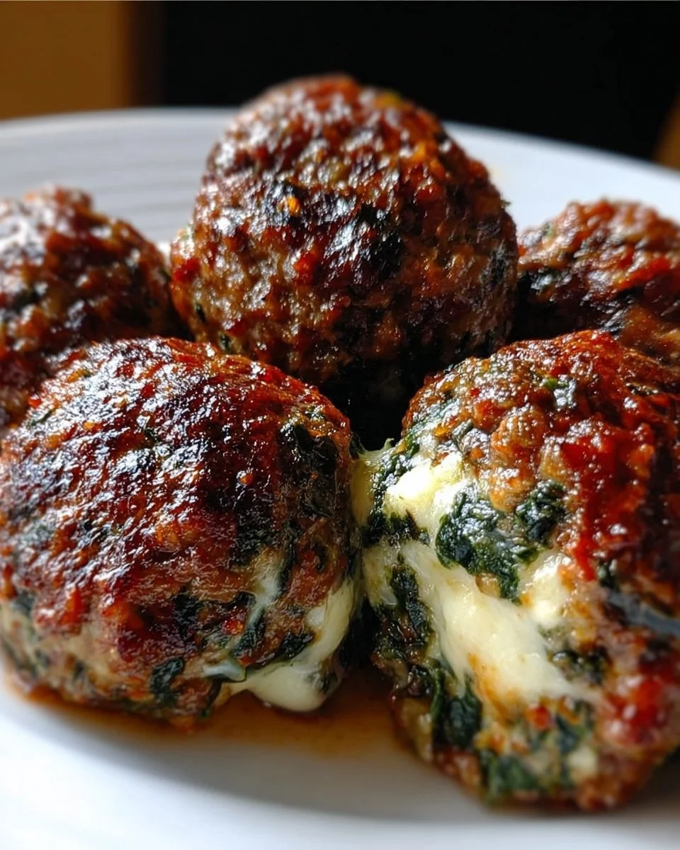 Spinach Garlic Meatballs Stuffed with Mozzarella