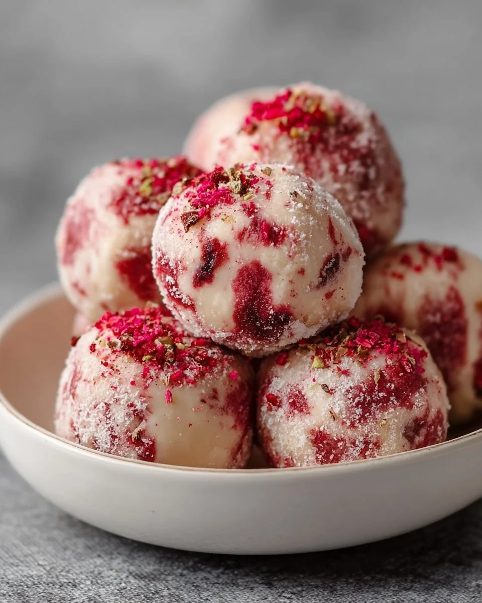 Strawberry cheesecake protein balls displayed on a wooden table