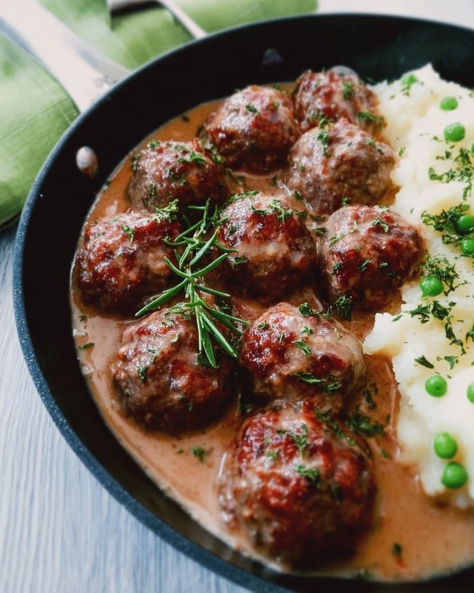 Delicious Swedish meatballs served with creamy sauce and garnished.