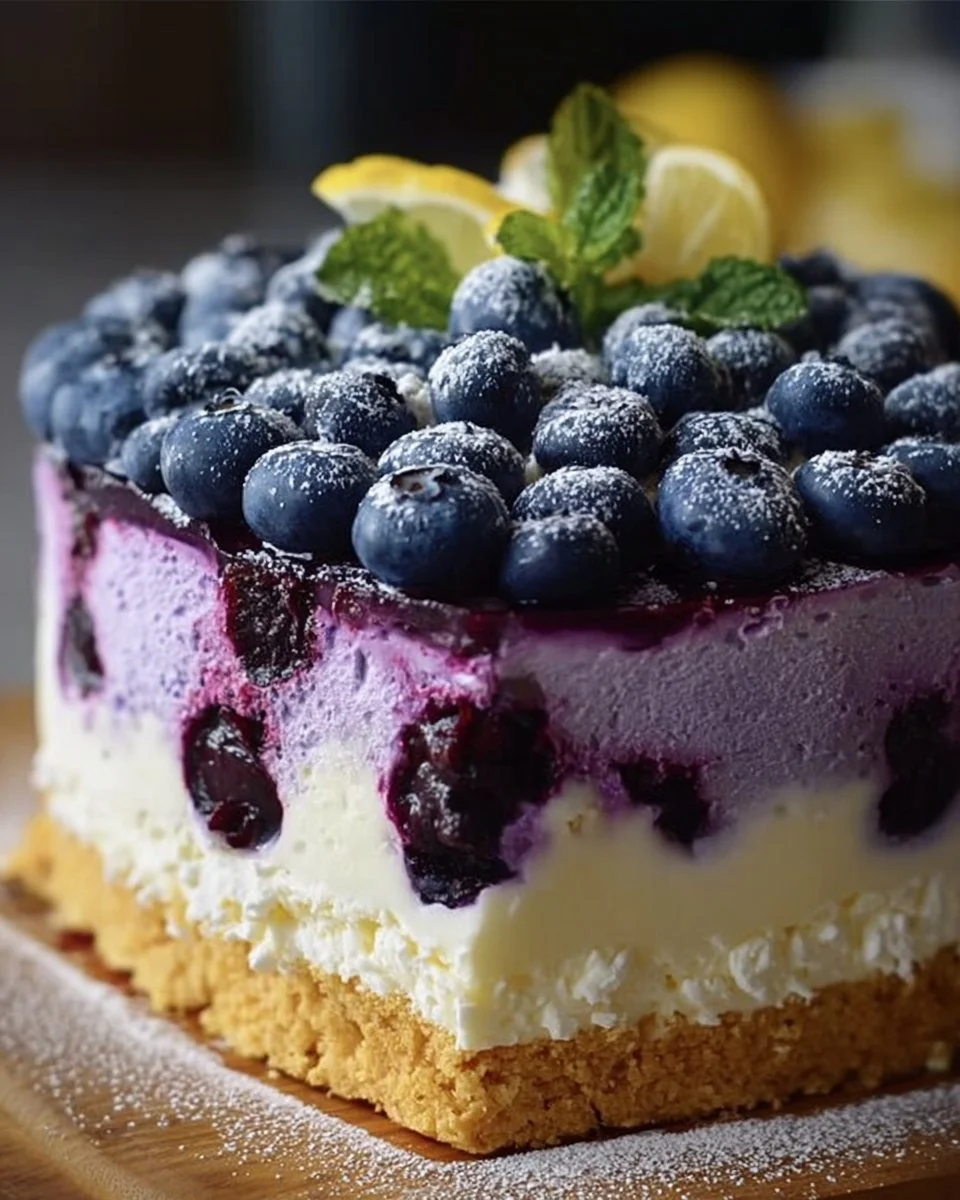 Zesty Lemon Blueberry Shortbread Mousse Cake