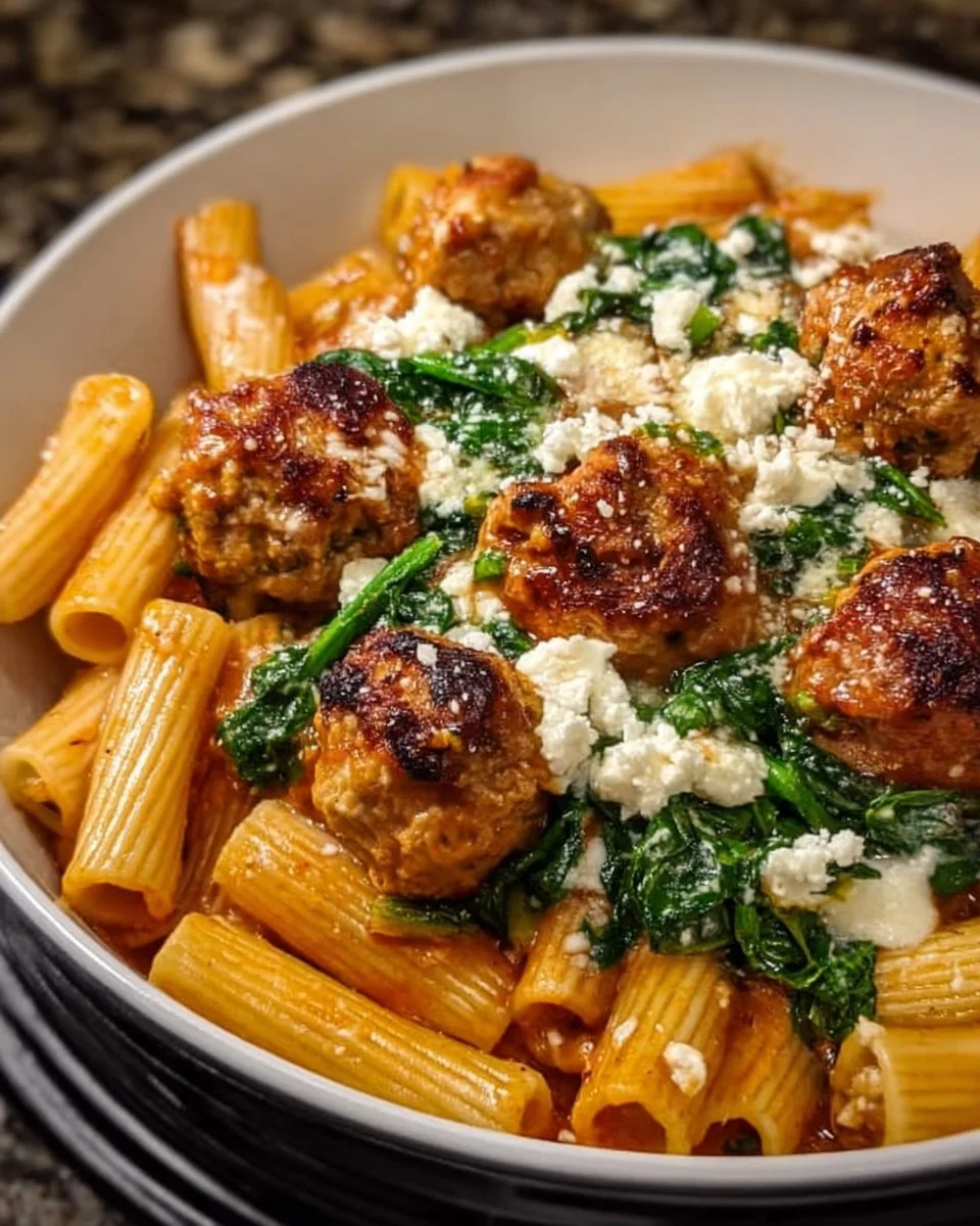Zesty Turkey & Ricotta Meatballs with Garlic Spinach Rigatoni