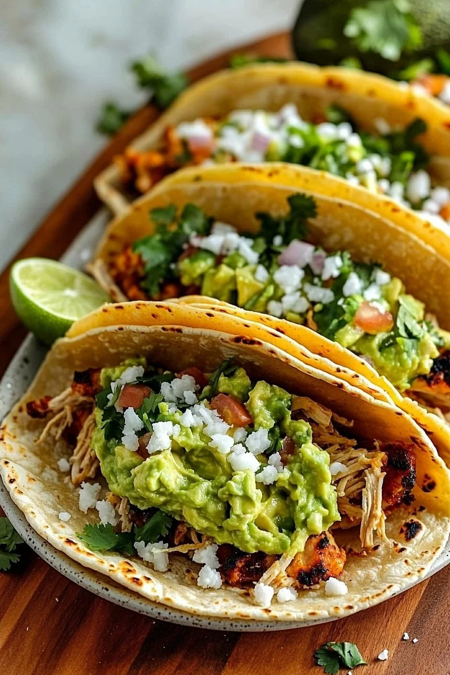 Authentic Mexican Chicken Street Tacos with Fresh Guacamole and Crumbled Cheese