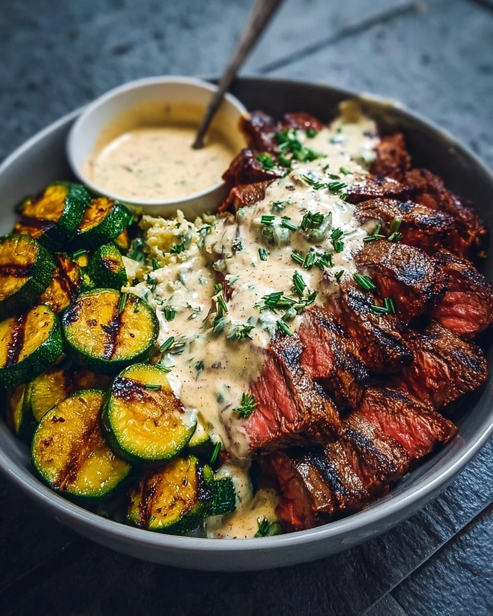 Grilled Steak Bowl with Creamy Sauce & Grilled Zucchini