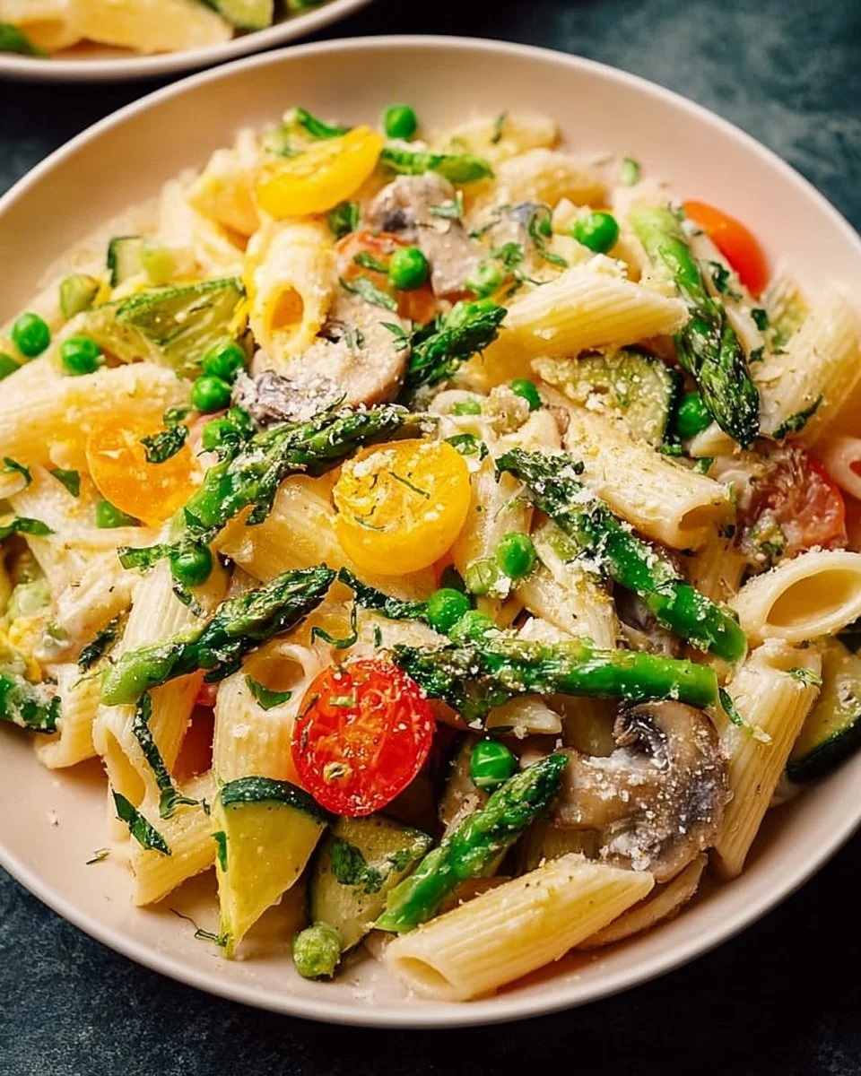 Delicious plate of Pioneer Woman's Pasta Primavera with fresh vegetables