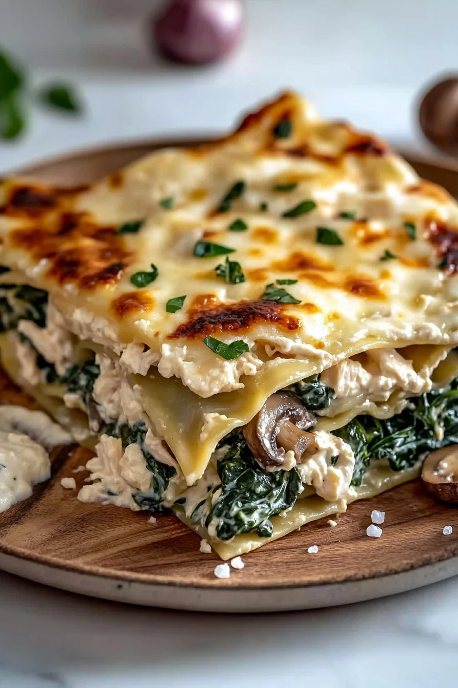 White lasagna with chicken, spinach, and mushrooms
