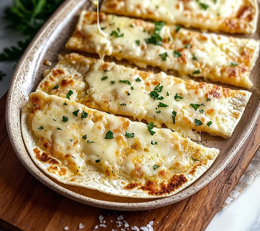 Crispy Air Fryer Cheesy Tortilla Garlic Bread with melted cheese and garlic flavor