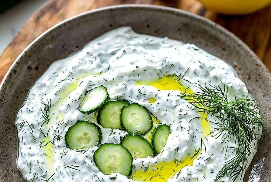 Bowl of authentic Tzatziki Sauce with cucumber and garlic