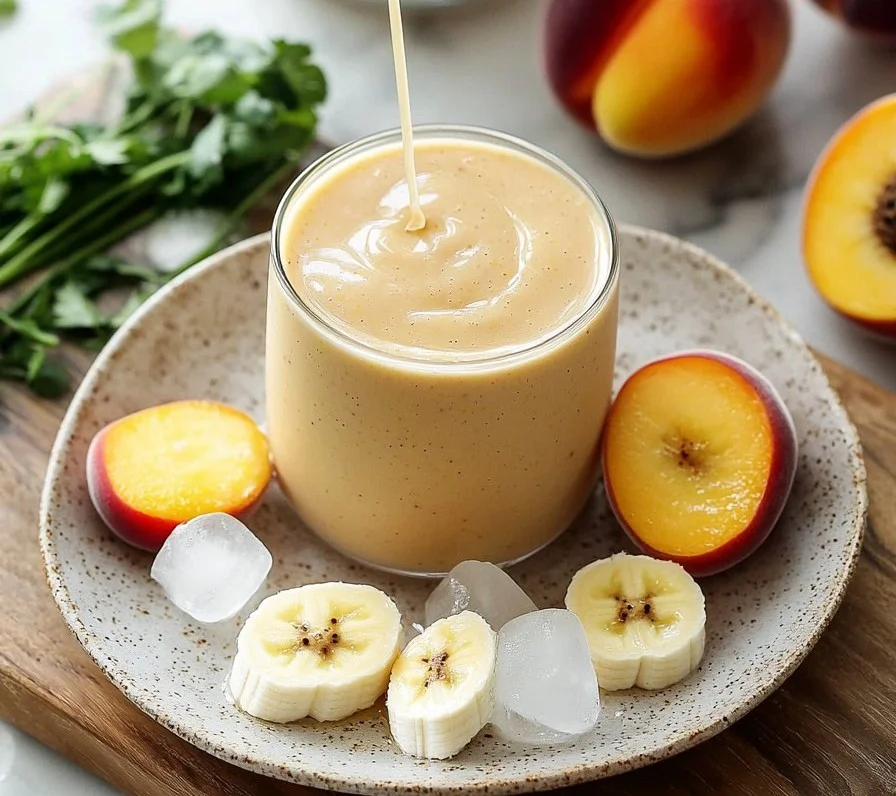 Banana peach smoothie in a glass with fresh bananas and peaches