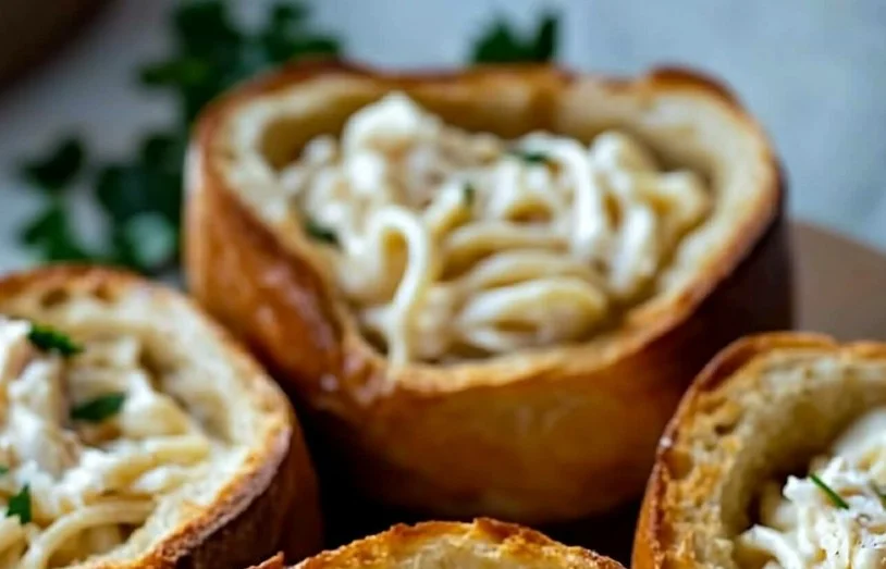 Chicken Alfredo garlic bread bowls with creamy sauce and herbs
