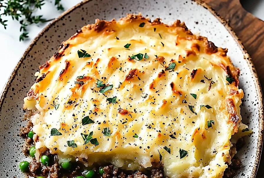 Delicious Cottage Pie topped with golden mashed potatoes