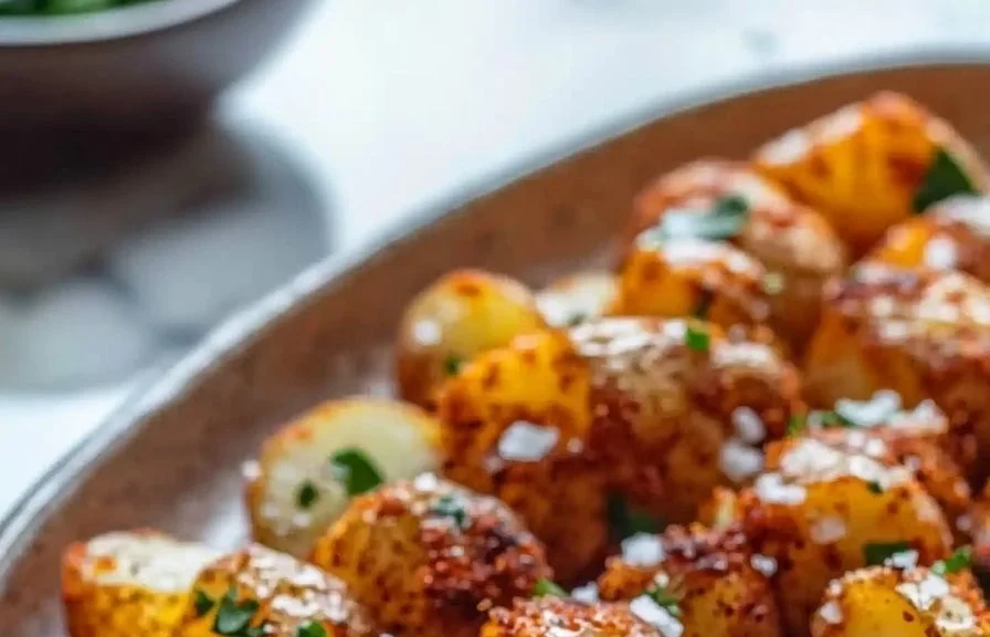 Plate of Crispy Hungarian Potato served with seasoning and herbs