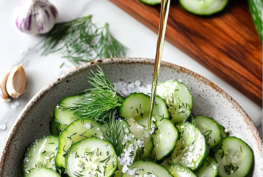 Fresh cucumber salad with herbs and spices in a bowl