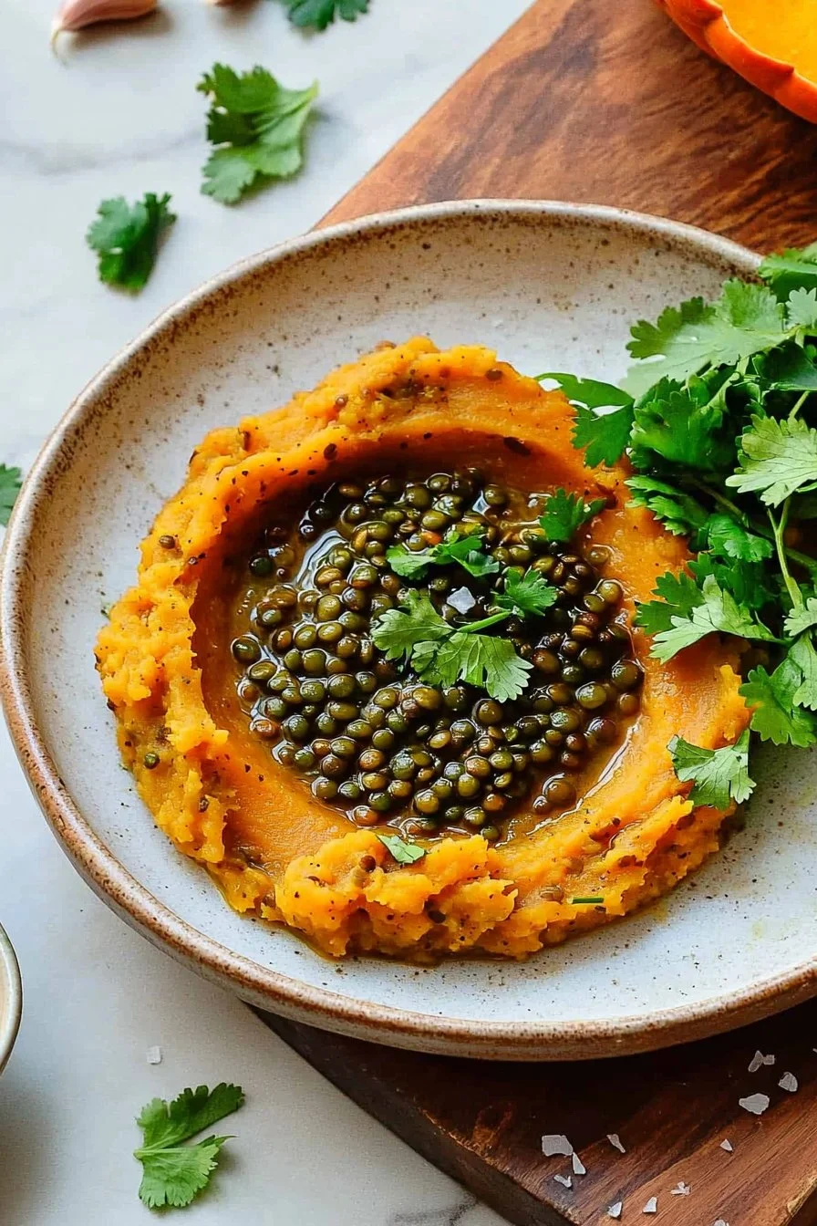 Curried Mashed Pumpkin with Spicy Green Lentils
