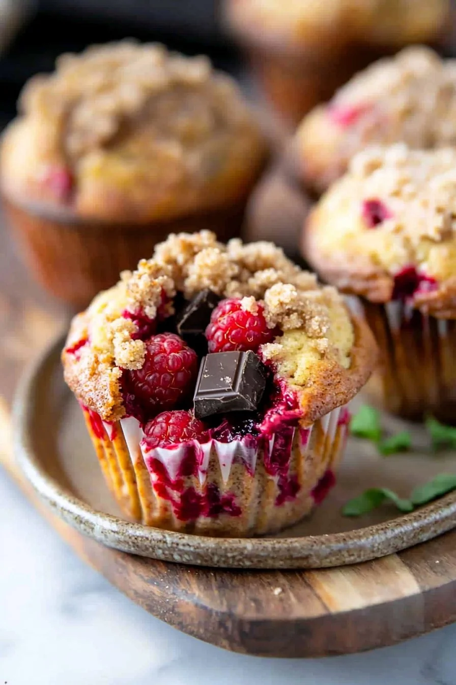 Dark Chocolate Chunk Raspberry Crumb Muffins