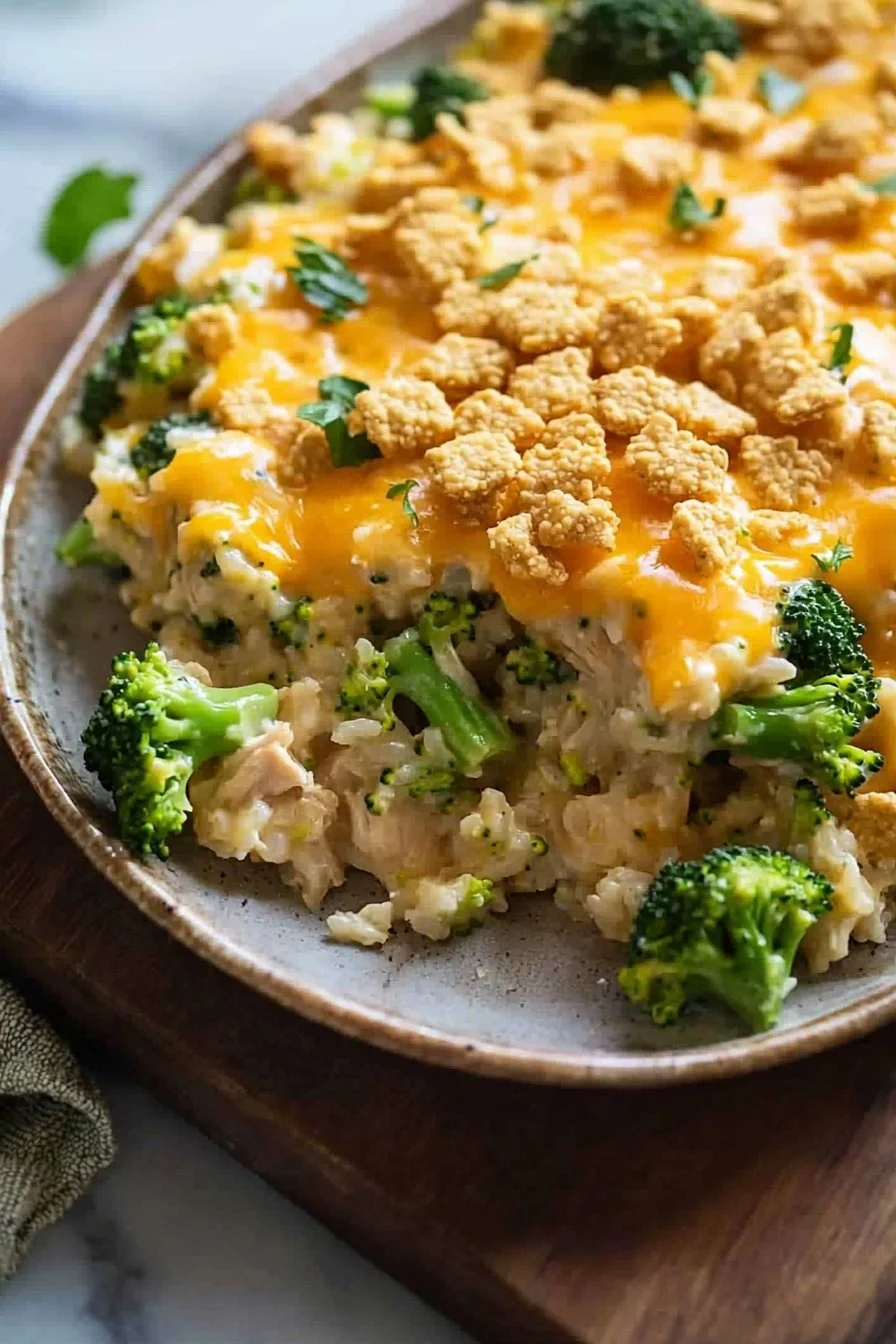 Easy Cheesy Chicken Broccoli Rice Casserole with Crunchy Ritz Topping
